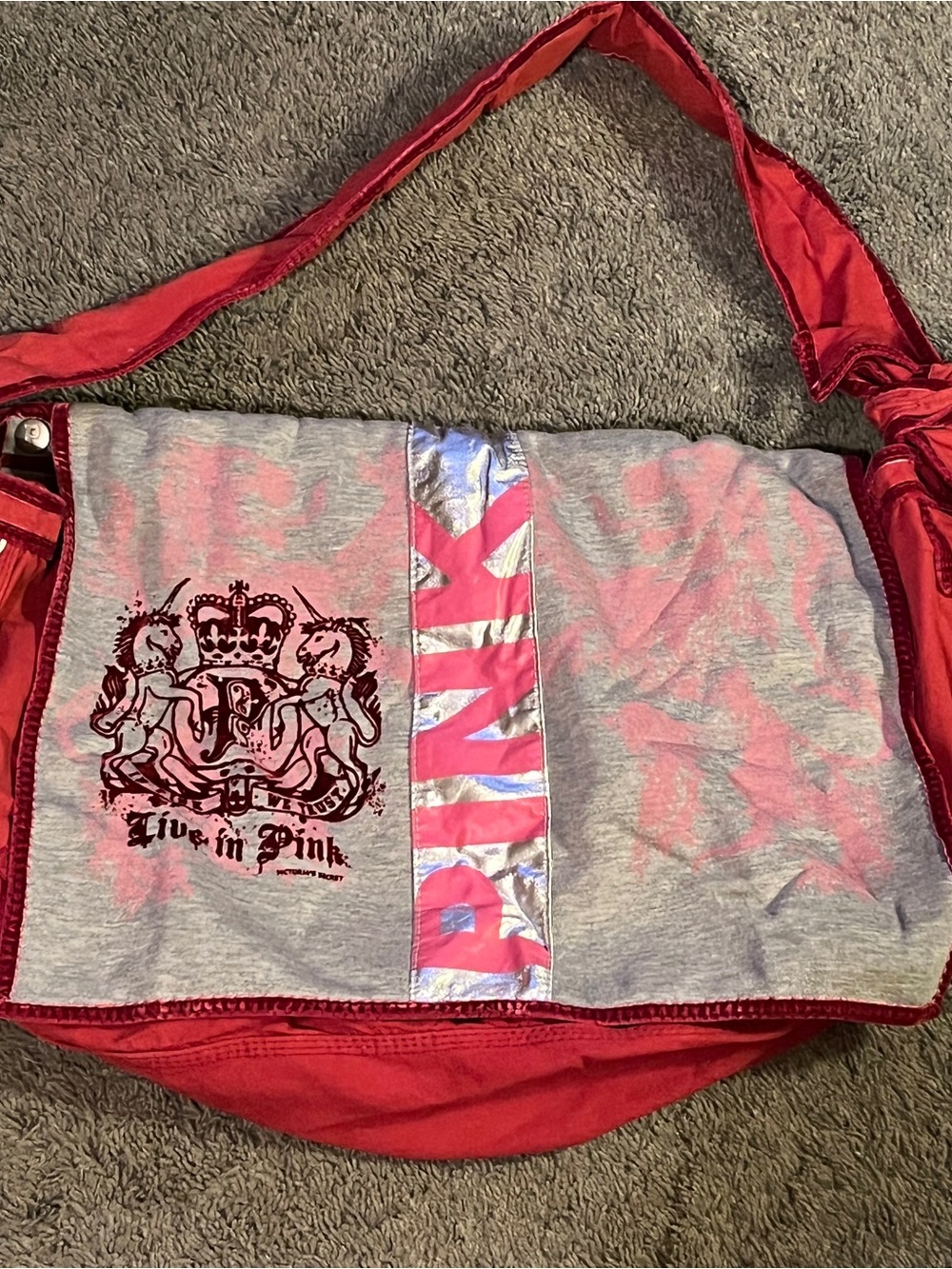 PINK Victoria's Secret Vintageburgundy Shoulder Bag with Gray Flap and Pink Logo
